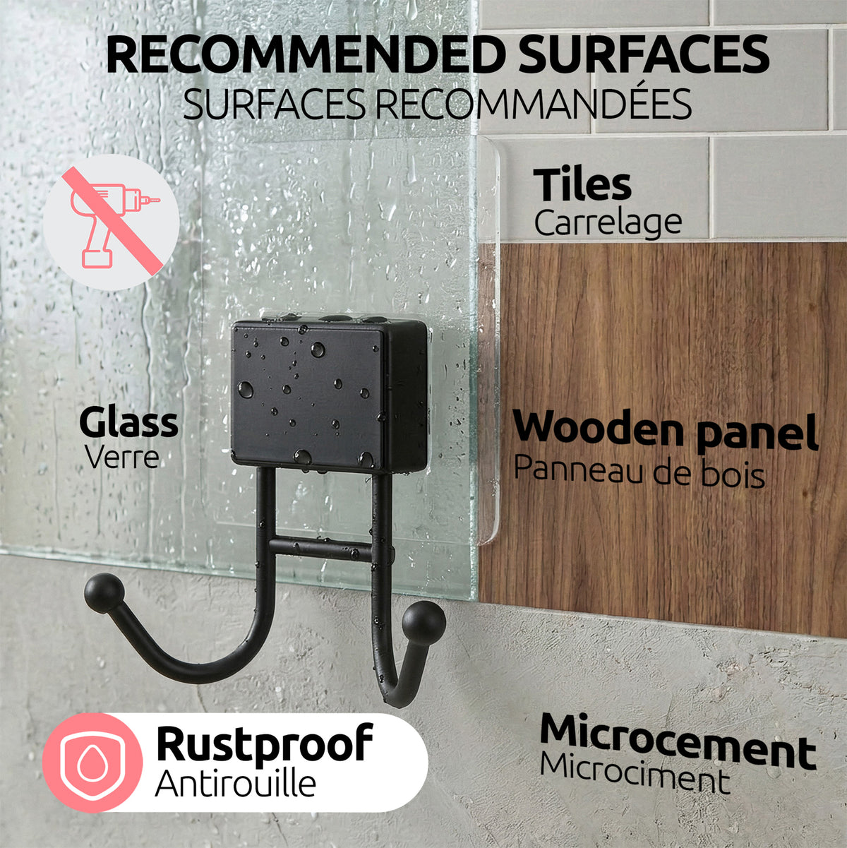Crochet mural auto-adhésif noir