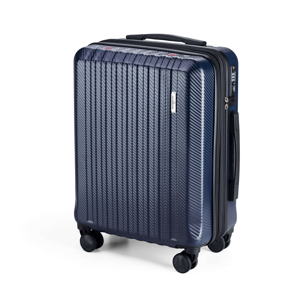 Valise hybride cabine en bleu, avec design rigide et roulettes pour un transport facile.