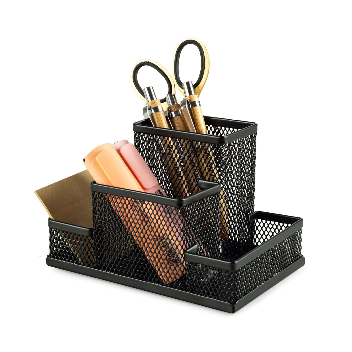 Organizer da scrivania a 4 scomparti Wayne in metallo e plastica nera
