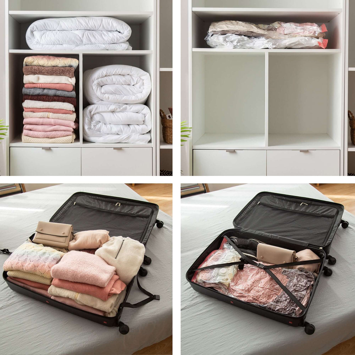 Lot 10 sacs rangement sous vide montrant des vêtements compressés et rangés dans des étagères et une valise.
