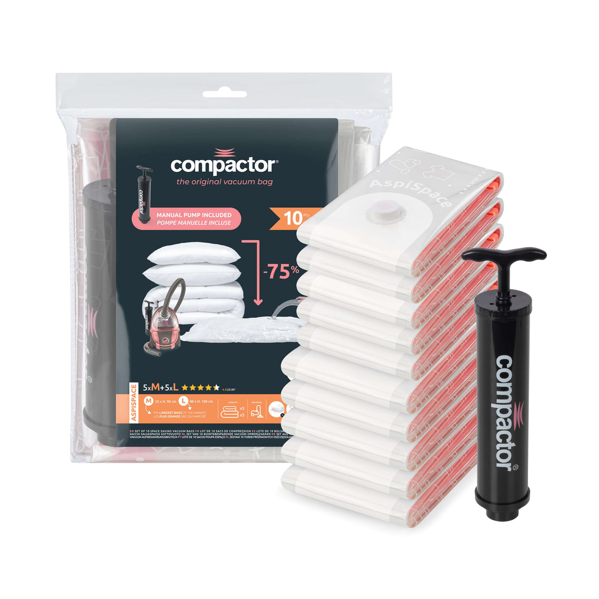 Lot 10 sacs rangement sous vide 5 M + 5 L AspiSpace + pompe avec sacs et pompe manuelle pour compression.