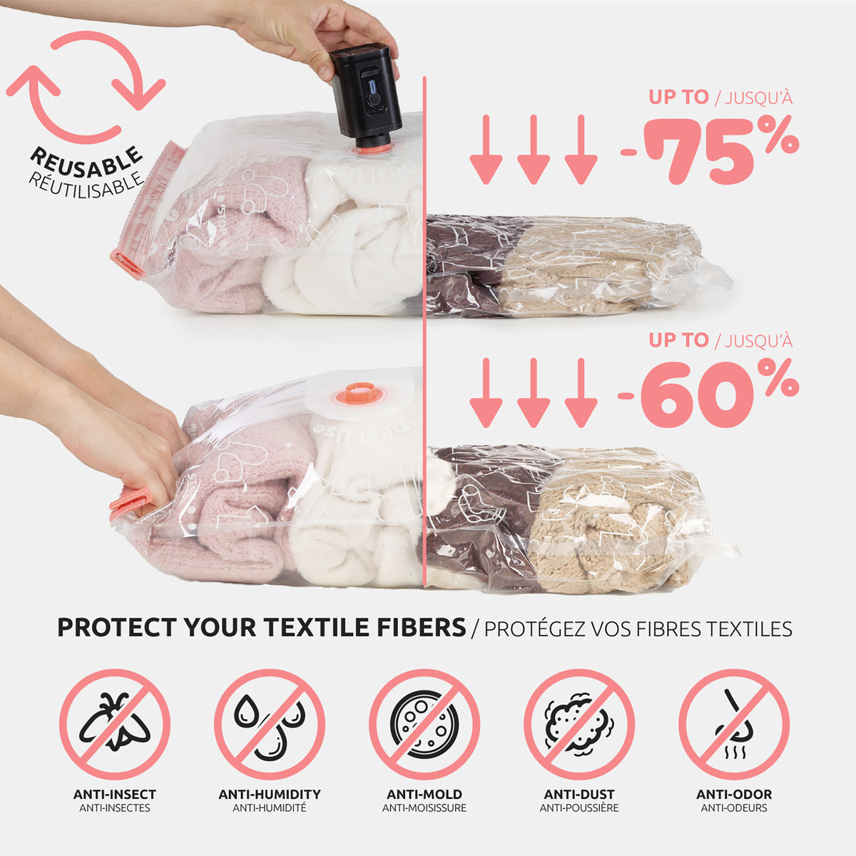 Set of 6 vacuum storage bags + electric pump
