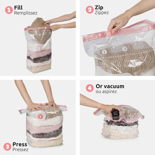 Lot 6 cubes rangement sous vide + pompe électrique - Instructions illustrées pour utiliser des sacs rangement sous vide : remplir, zipper, presser ou aspirer.