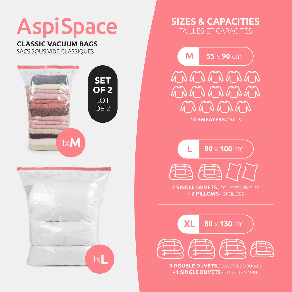 Lot 2 sacs rangement sous vide Aspispace M+L