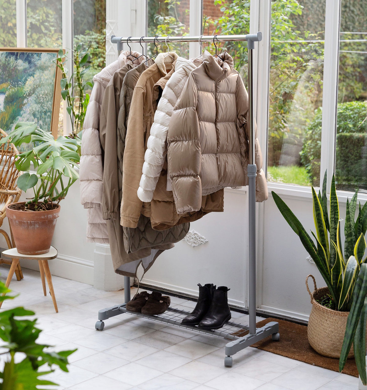 Loft gray metal rolling clothes rack