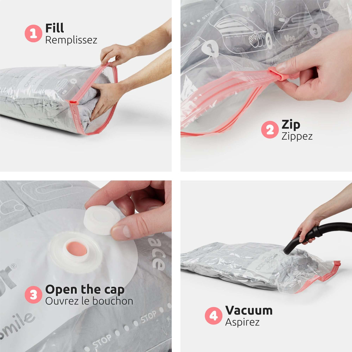 Sac rangement sous vide Aspispace Etapes d'utilisation