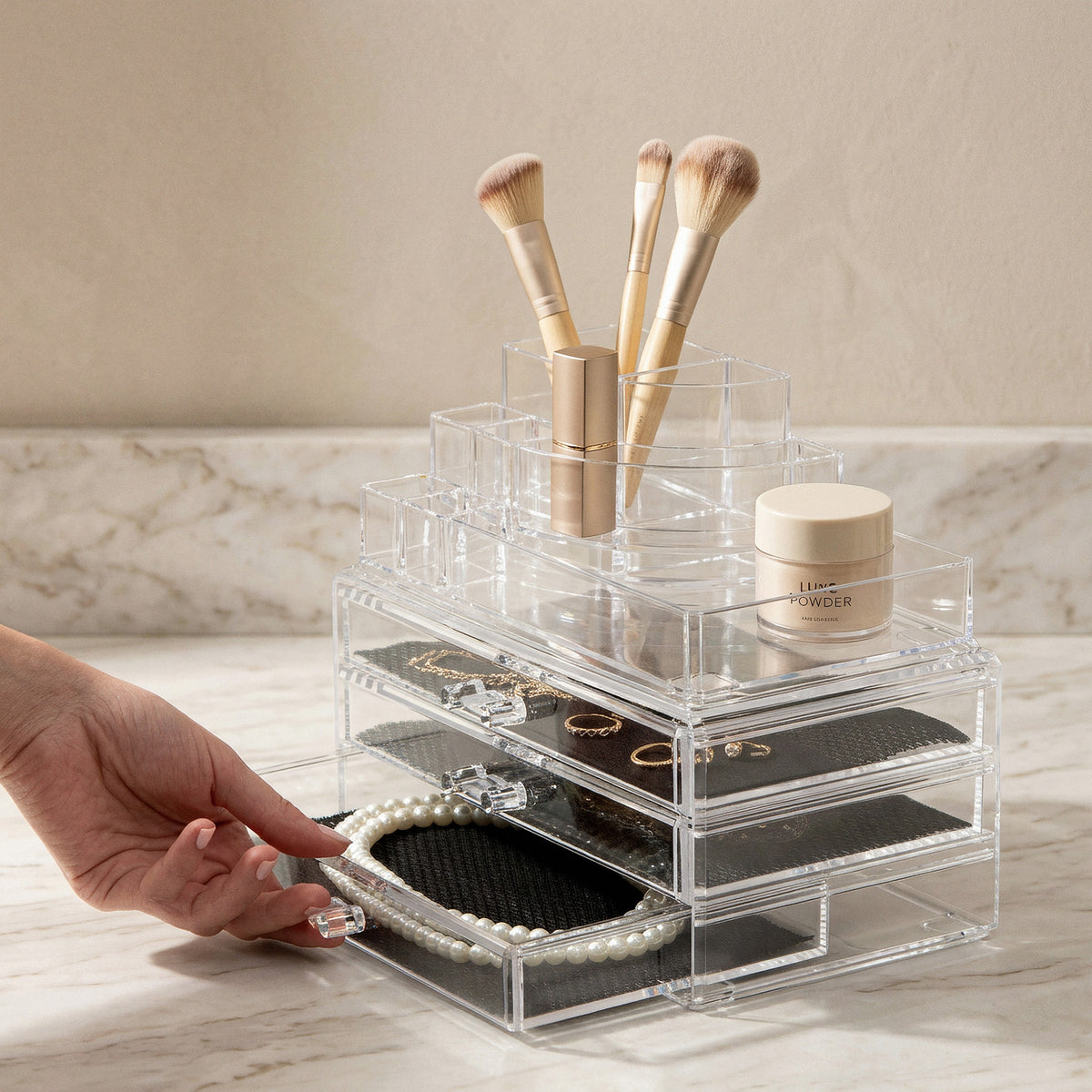 Organizer per trucco e cosmetici con 3 cassetti