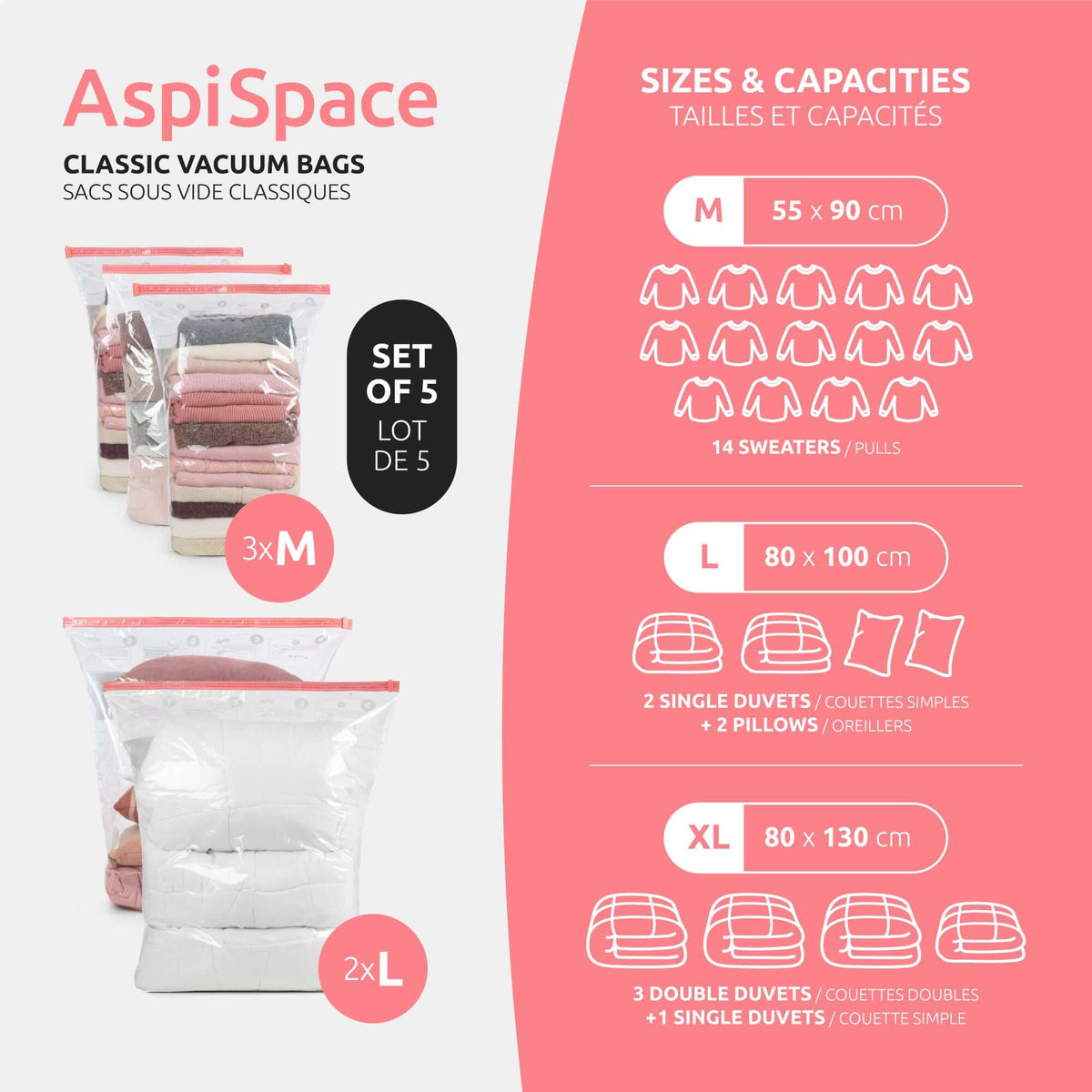 Compactor Pack 5 Bolsas De Almacenamiento Al Vacío Aspispace 3M + 2L Transparente