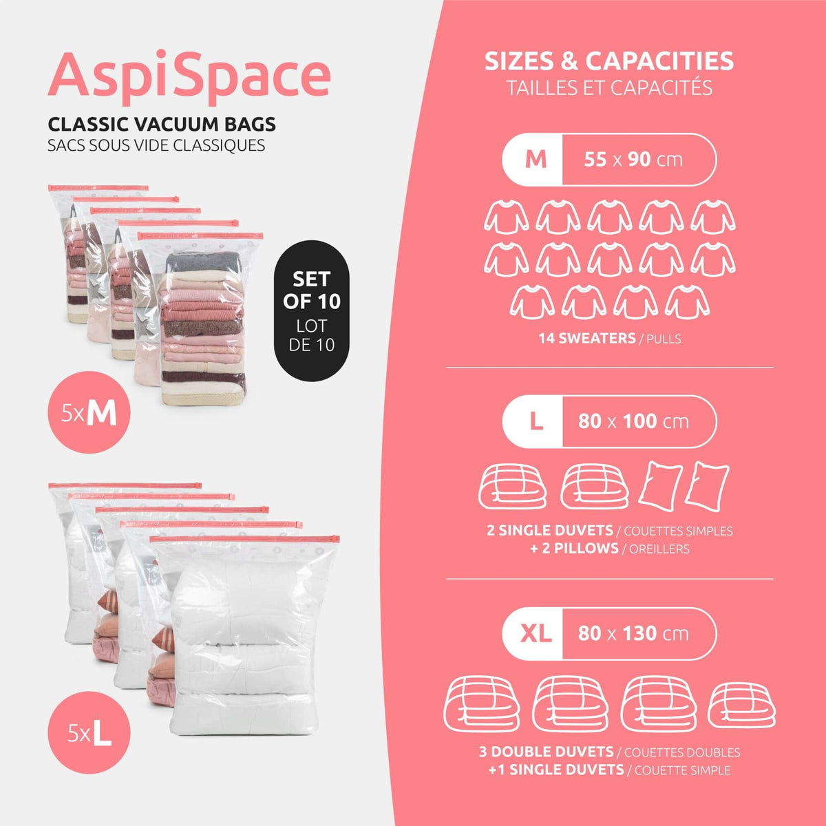 Set di 10 sacchetti sottovuoto 5 M + 5 L AspiSpace