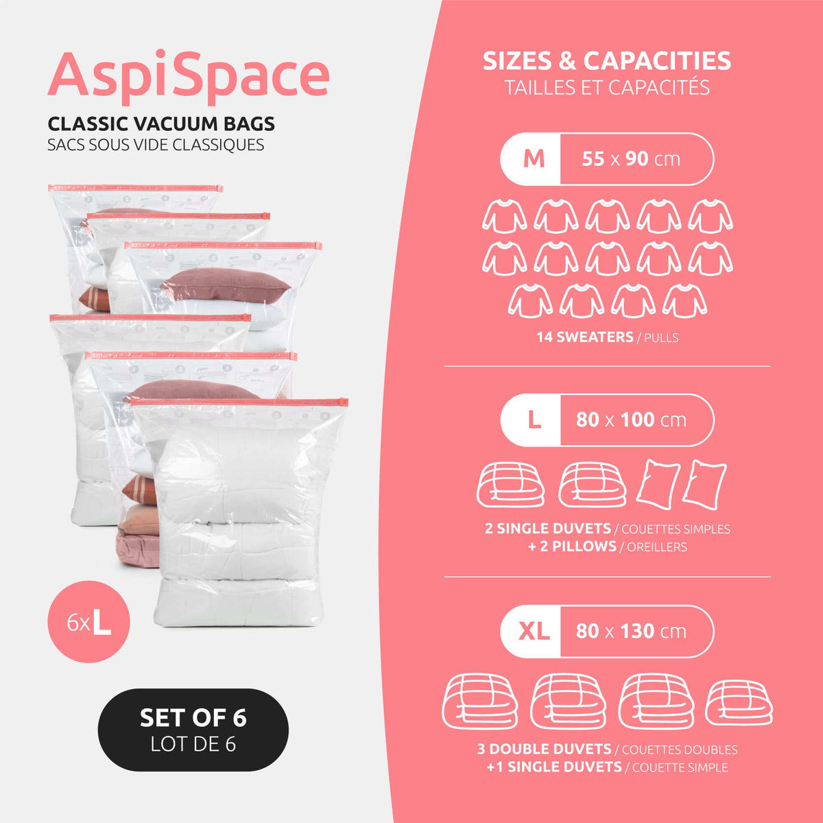 Lot 6 sacs rangement sous vide AspiSpace avec tailles et capacités pour vêtements et couettes.