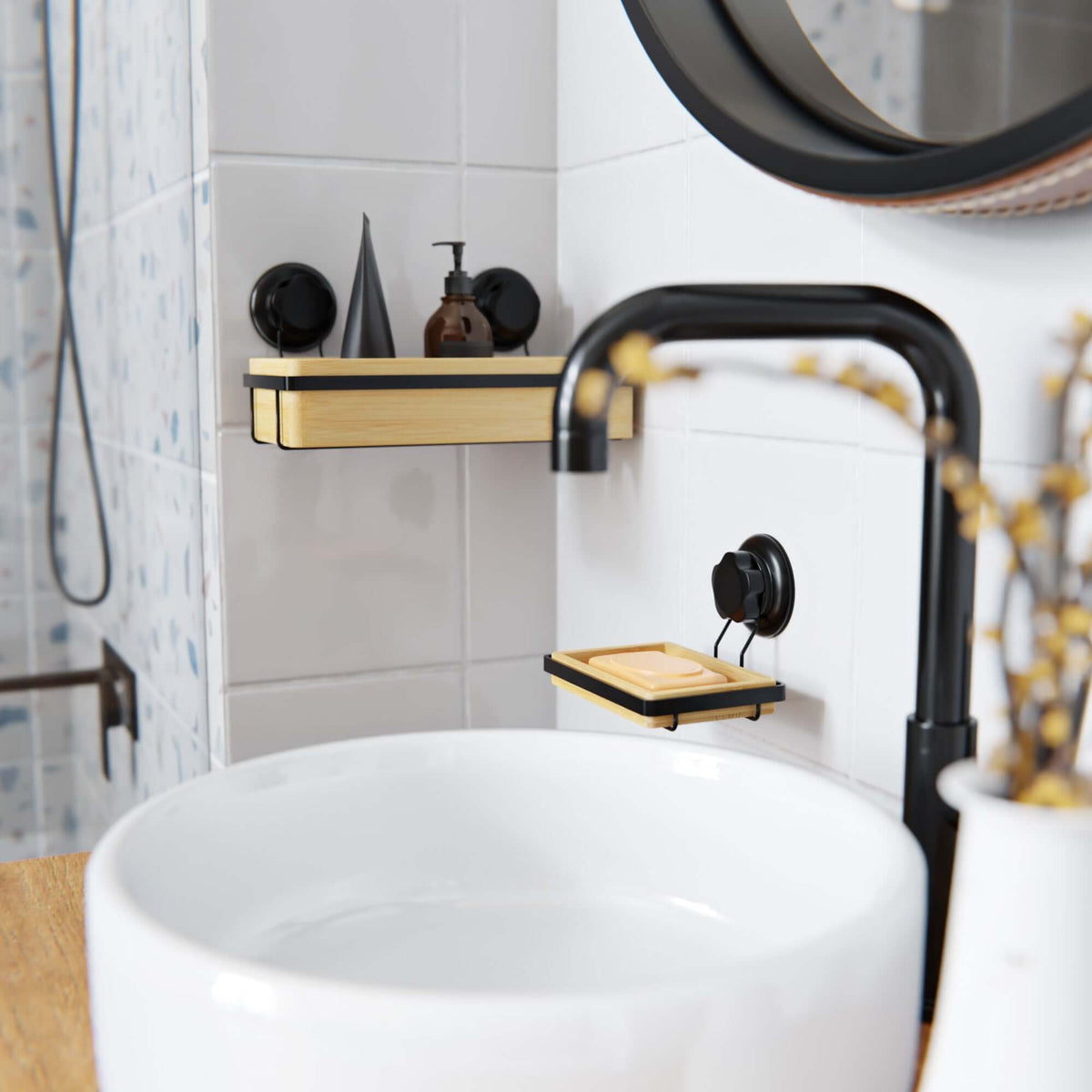 Porta sapone da muro in bambù con ventosa Bestlock Spa nero