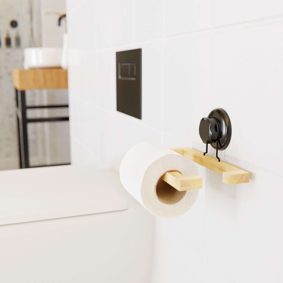 Porte papier toilette à ventouse en bambou Bestlock Spa noir et naturel