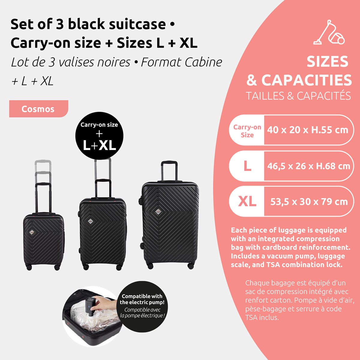 Set of 3 space-saving cabin suitcases - L-XL