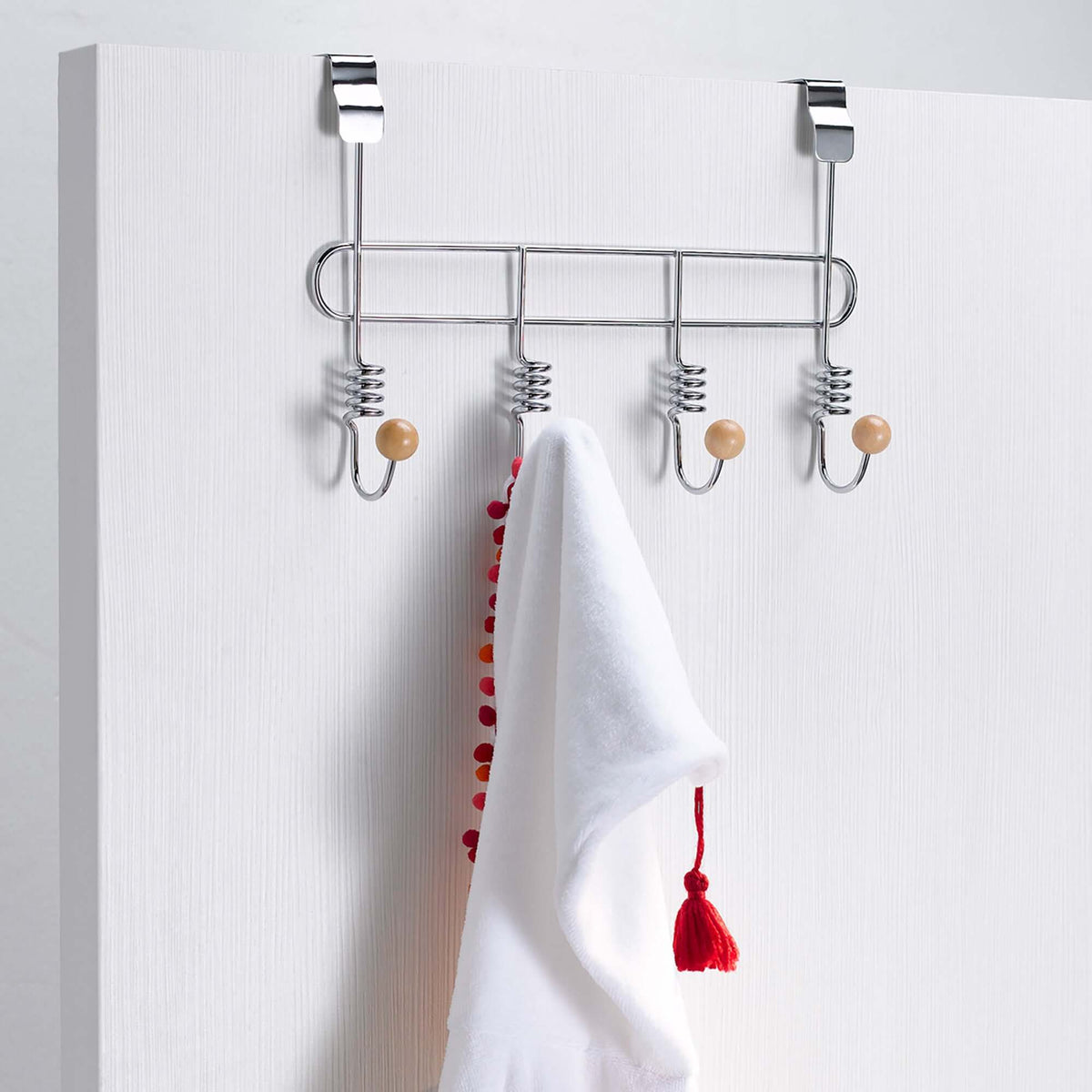 Door hook 4 spiral hooks chrome and wood