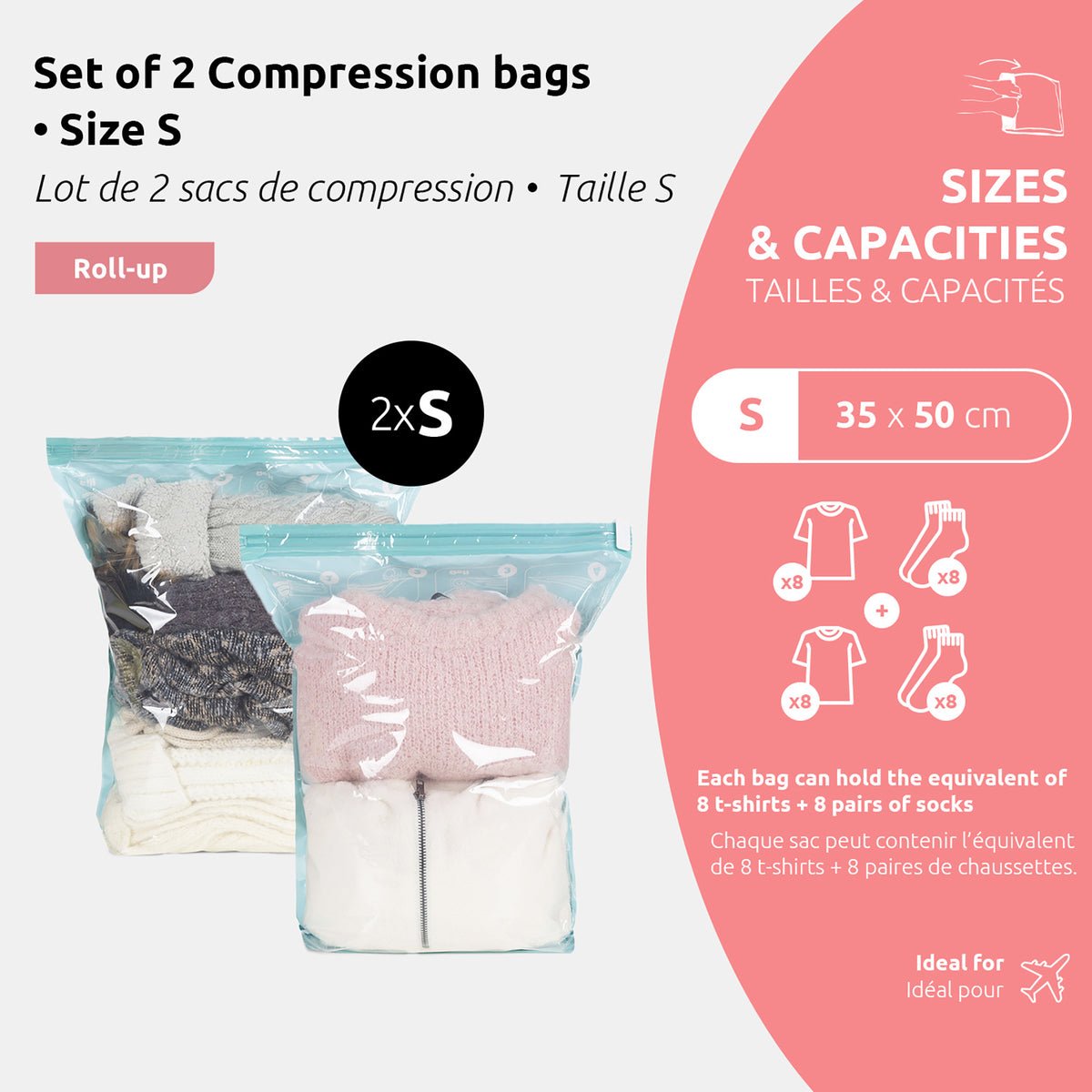 Lot 2 sacs sous vide de voyage Roll-up Tailles et capacités