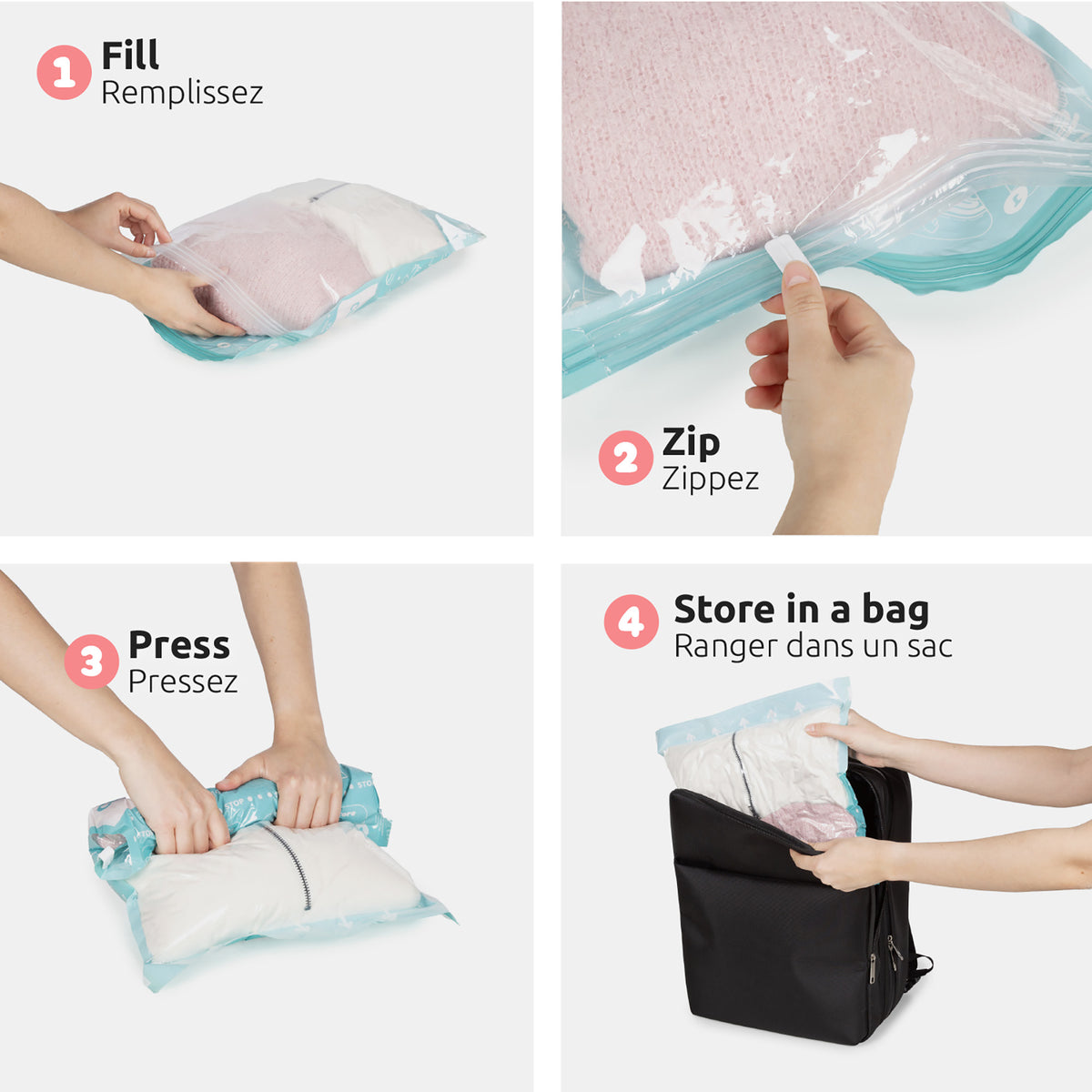 Lot 2 sacs sous vide de voyage Roll-up, étapes de compression et d'utilisation