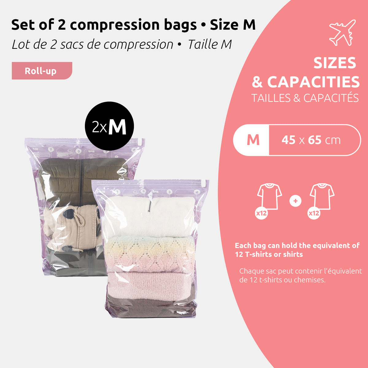 Lot 2 sacs sous vide de voyage Roll-up Tailles et capacités