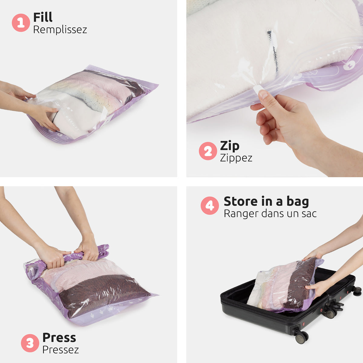 Lot 2 sacs sous vide de voyage Roll-up différentes étapes d'utilisation