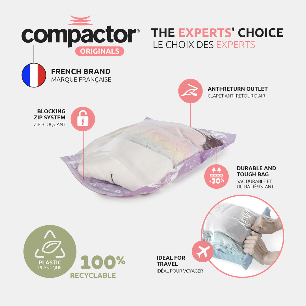 Lot 2 sacs sous vide de voyage Roll-up technologie Compactor
