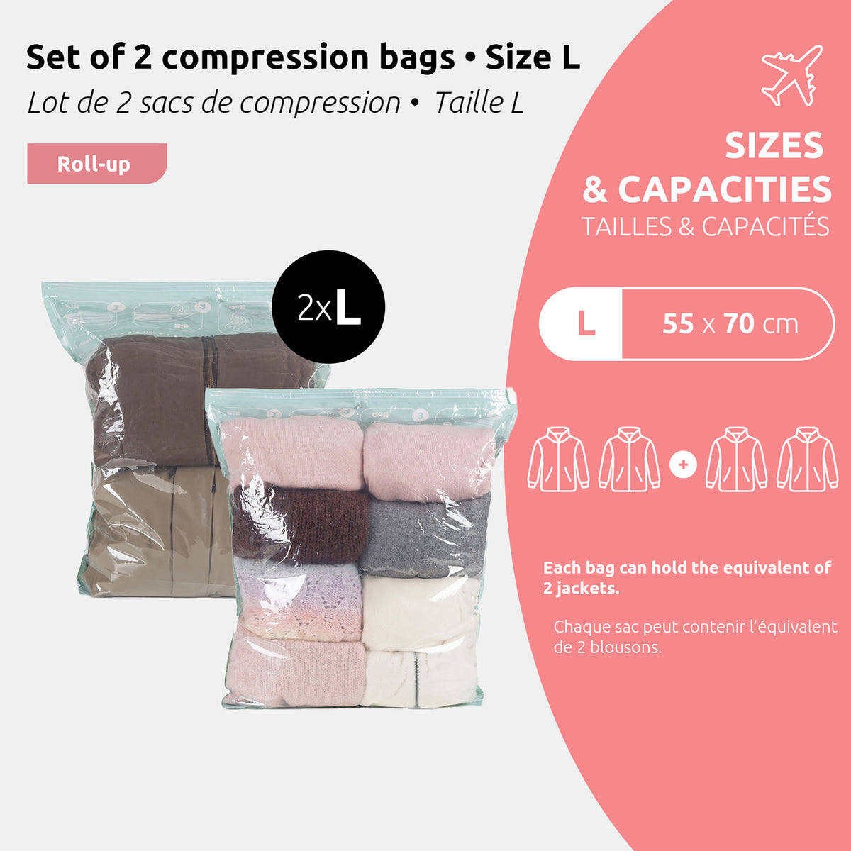 Lot 2 sacs sous vide de voyage Roll-up Tailles et capacités