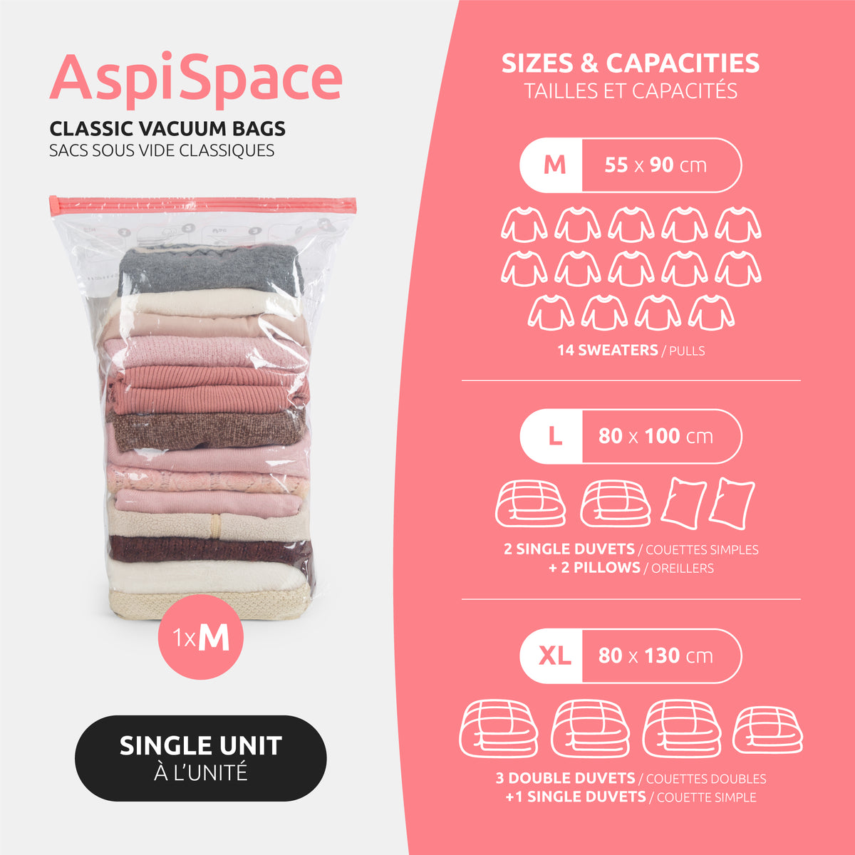 Sac rangement sous vide Aspispace Capacité de stockage