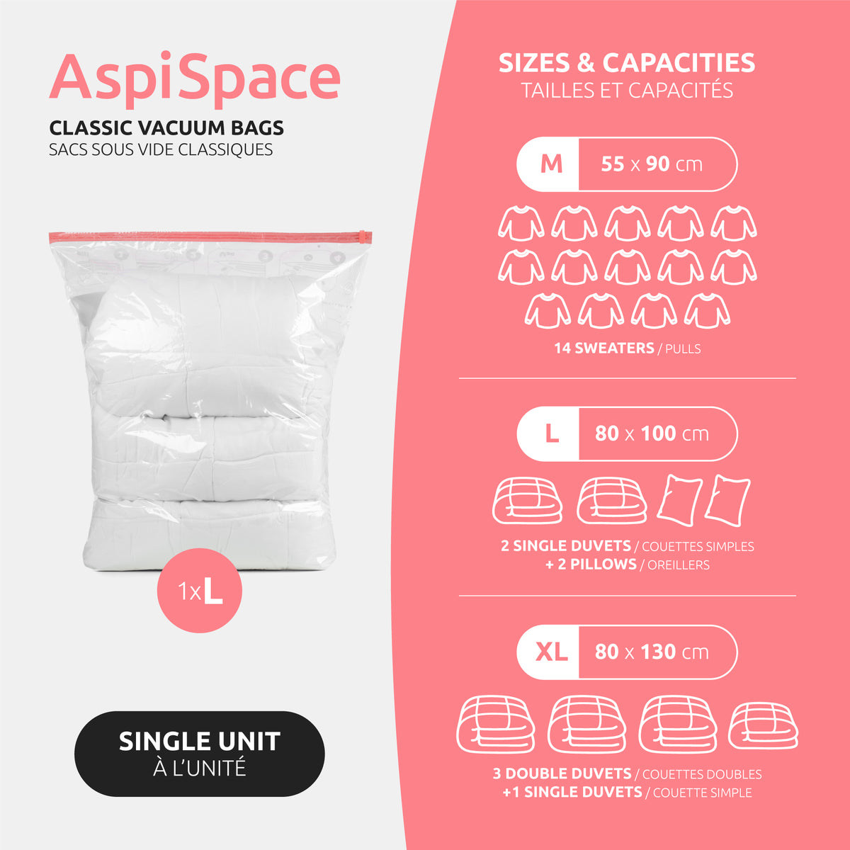 Sac rangement sous vide Aspispace Capacité de stockage