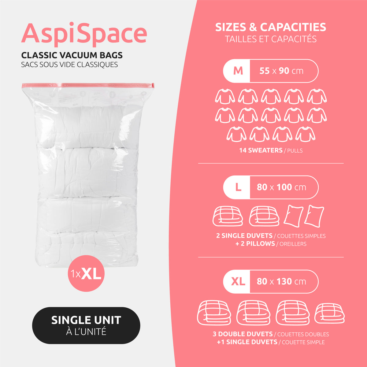 Sac rangement sous vide Aspispace Capacité de stockage