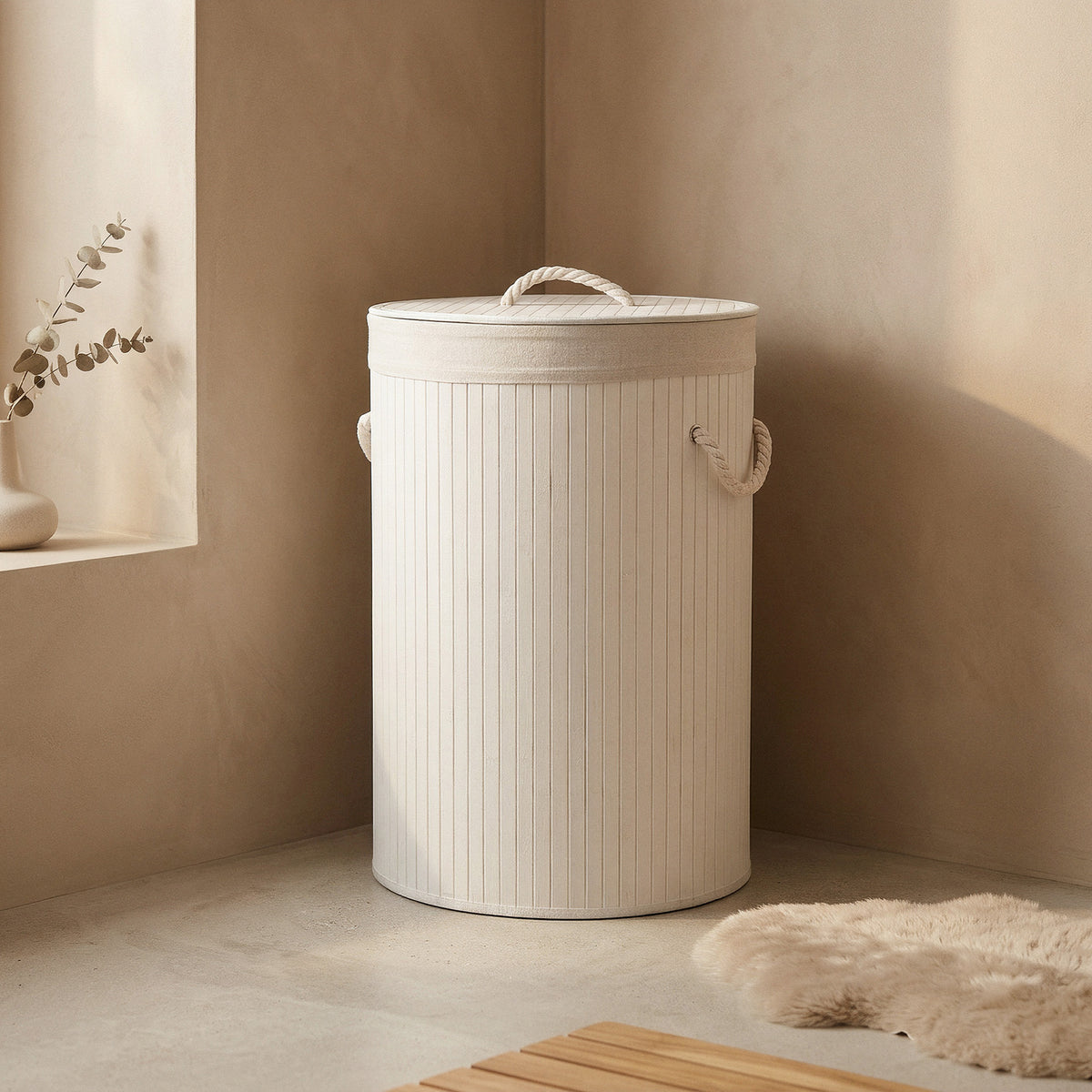 Panier à linge rond en bambou avec couvercle